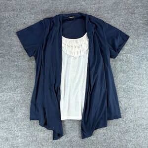 Perception Women Navy Blue 2-in-1 Ruffle Neck Layered Cardigan Top XL Blouse